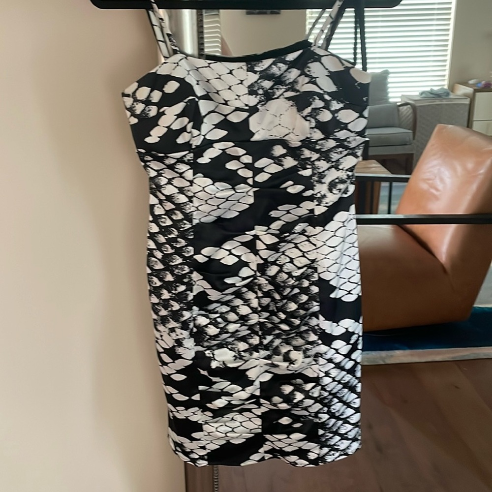 Black and white ruched cocktail dress